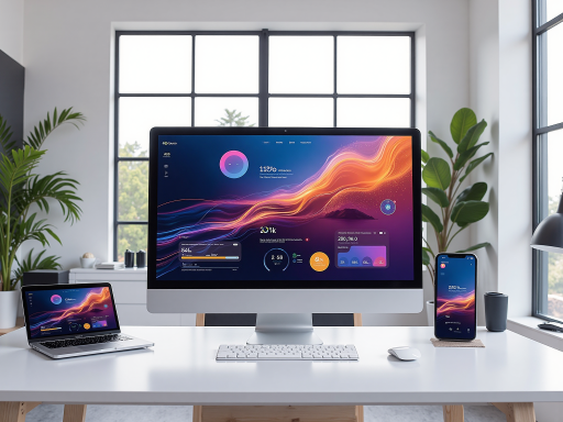 专业品牌设计师工作场景，现代办公桌，电脑屏幕显示设计软件界面，周围摆放设计工具和参考书籍