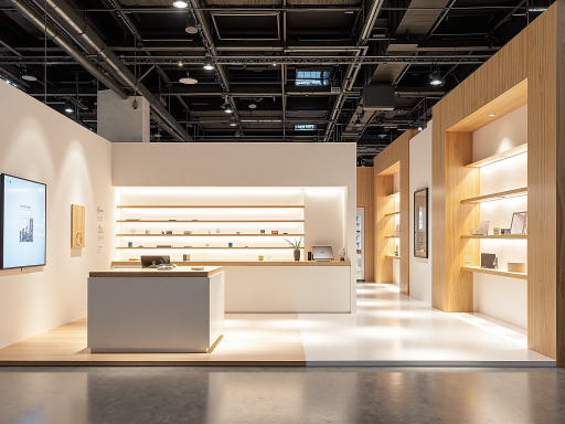 展厅设计效果图，现代化展示空间，灯光效果突出展品，整体设计简洁大气